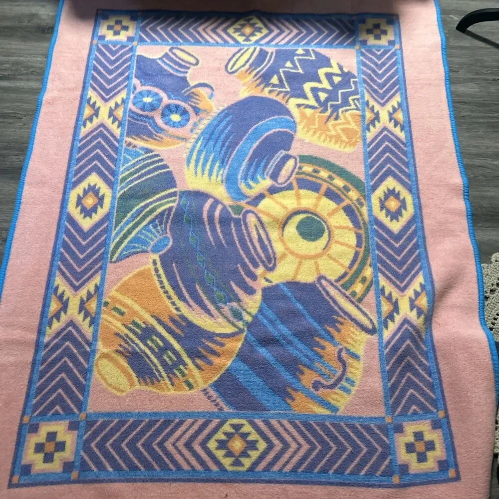 VTG 80s San Marcos Blanket 55x72 Southwestern Pottery Country Western Colorful
